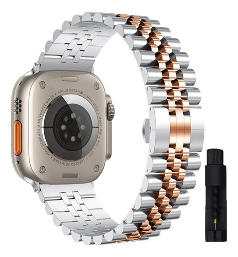 Pulseira Aço Inox Social Masculino P/ Apple Watch 7 8 Ultra Cor Prata E Dourado Largura 49 Mm
