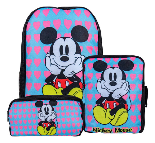 Set 3 Mochila Lunchera Lapicera Escolar Mickey Mouse Minnie 