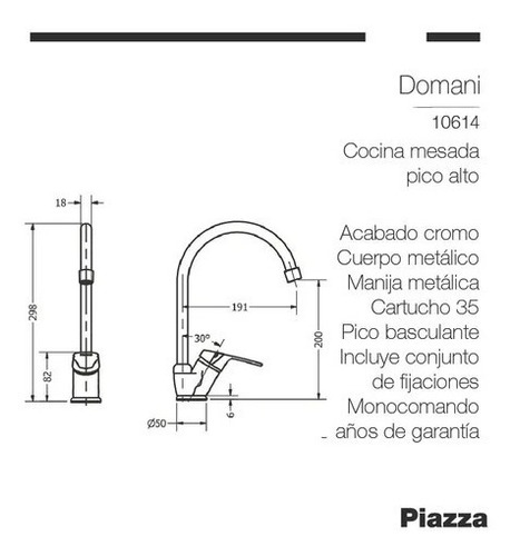 Imagen 3 de 6 de Grifo De Cocina Monocomando Piazza Domani 10614 Cromo