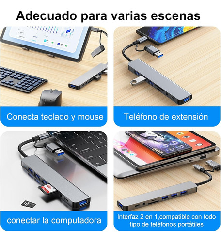 Adaptador Usb C Hub Tipo C, 8 En 1, Multipuerto, Usb 3.0, Sd