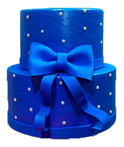 Bolo Fake Maquete Azul Royal Com Laço E Pérolas 