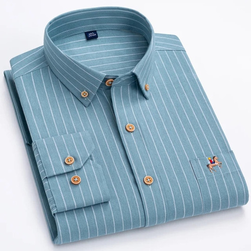 Camisa Oxford Casual A Rayas De Manga Larga Para Hombre Con