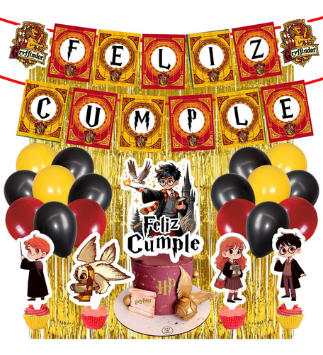 Globos+ Banderin+ Topper+ Cortinas Harry Potter Feliz Cumple Bordó Harry Potter Gryffindor Feliz Cumple