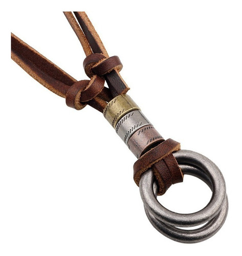 Kit 2 Cordão Colar Masculino Couro Legítimo Argolas + Flecha Cor Marrom-escuro
