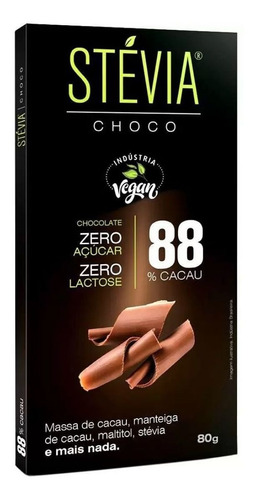 Chocolate 88% Cacau Adoçado C/ Stévia 80gr Display 6 Unids