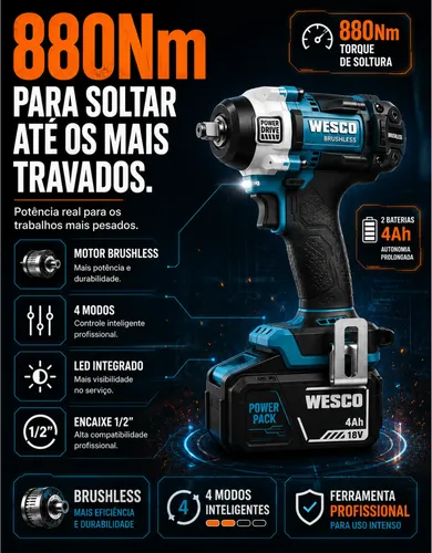 Chave De Impacto 700nm Wesco + 2 Bateria 4ah Carreg Soquetes