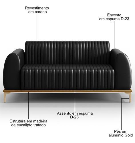 Sofá 150cm 2 Lugares Base Gold Molino D06 Pu B-159 Preto