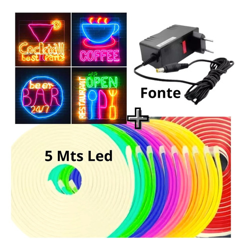 5 Mts Fita De Led Neon Silicone Flex 12v Alto Brilho + Fonte