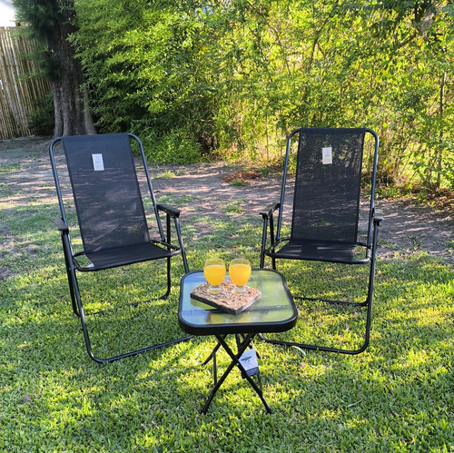 2 Sillones Plegables Y Mesita Plegable Color Negro Lisa