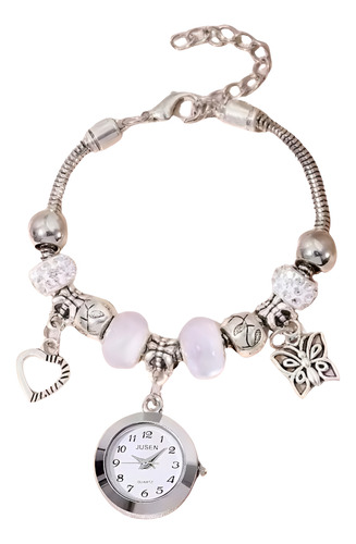 Pulsera Reloj Dijes Colgantes Dama Correa Plateado Bisel Plateado Fondo Blanco