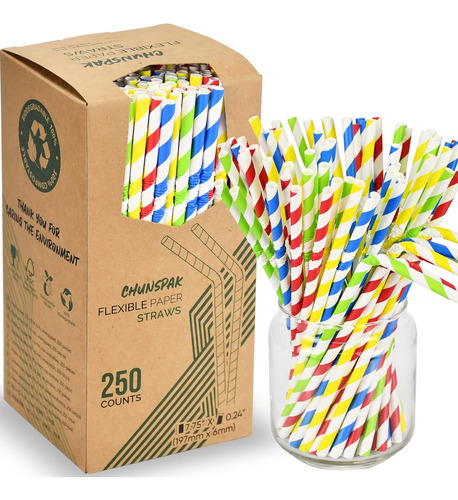 Pajitas De Papel Flexibles, 250 Unidades, 7.75 De Largo, 0..