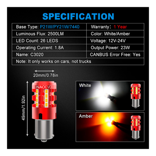 Led Señal T20 Canbus 7440 Luz Ámbar 2500lm Naoevo