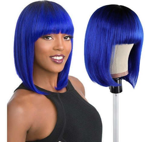 P Peruca 100% Cabelo Humano Liso 35cm Com Franja Azul