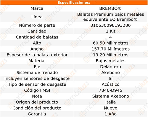 Balatas Bajos Metales Del Grand Cherokee V8 4.7l 00