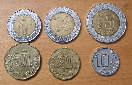 Mexico X 6 Monedas Incluye 1 Peso 1997 Bimetalica. Usadas ! (Usado)