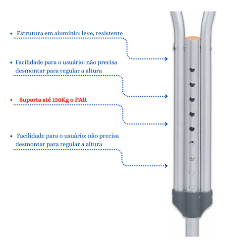 Muleta Axilar Alumínio Ajustável 3 Em 1 Sup 130kg Par P M G
