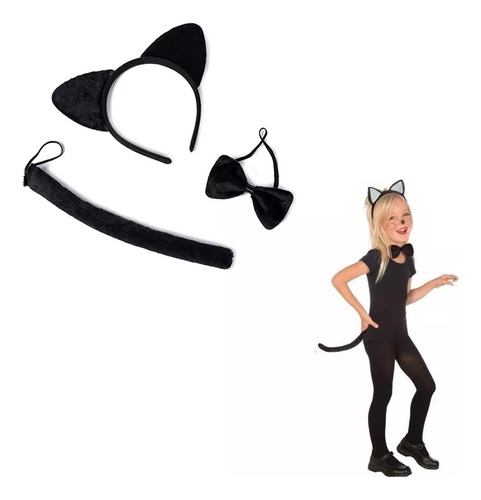 Kit Gato Negra Set Cosplay Con Orejas, Cola + Moño Halloween