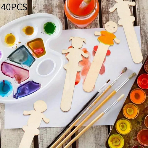 40x Palitos Artesanales De Personajes De Madera, Recortes De