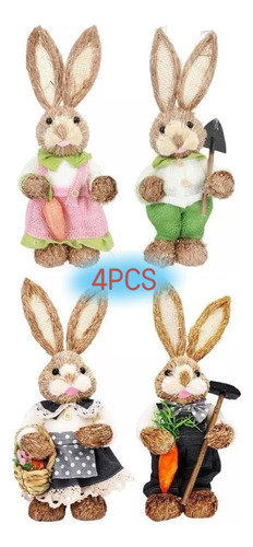 Para 4pcs Conejo De Pascua De Paja Adorno Estatuas Animal .