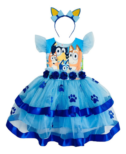 Vestidos Disfraz Bebé Niña Bluey Bingo Cachorrita Fiesta Cumpleaños Diadema Estampado