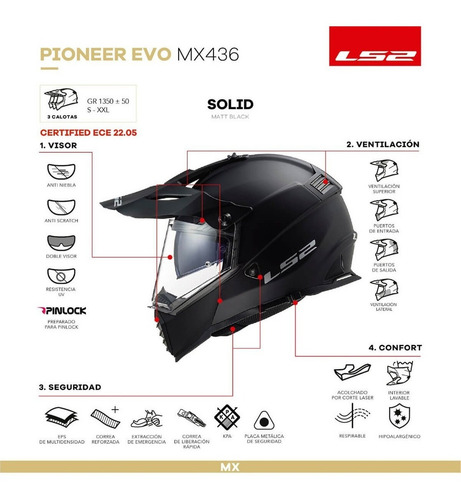 Imagen 4 de 5 de Casco Moto Ls2 Mx436 Pioneer Evo Negro Mate - Fas Motos