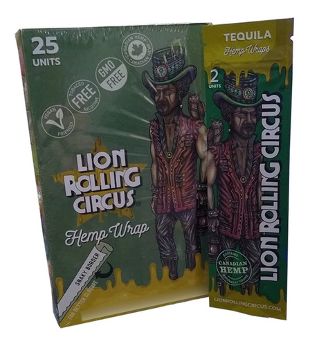 Caja X 25 Blunt Lion Rolling Circus Papel Hemp Wrap Tequila
