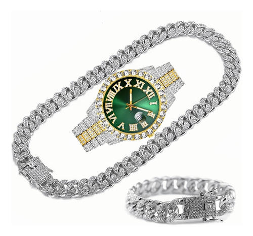 Reloj Hip Hop Mixto Verde Cadena Y Pulsera 