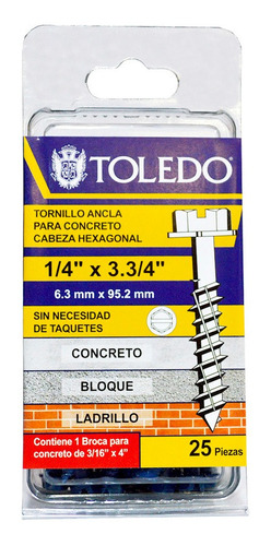 Tornillo Para Concreto Cab Hex 1/4 X 3.3/4 25pz Toledo