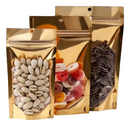 Saco Zip Lock Stand Up Pouch Dourado C/visor 13x20x4 50 Un.