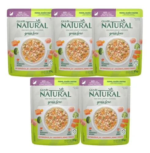 Kit 5 Rações Úmidas Guabi Natural Gato Castrado Adulto Salmão e F...
