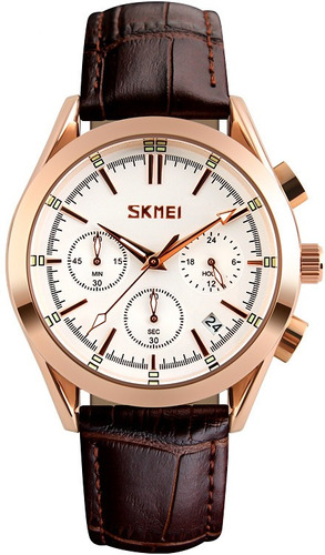 Reloj Skmei Casual Cuero Marron Para Caballero Resiste 30 M