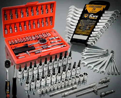 Kit Soquetes Com Catraca 46 Peças + Jogo 12 Chaves + Maleta