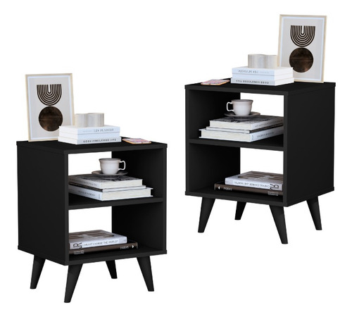Kit 2 Mesa De Cabeceira Retro Pequena Gaveta Cama Suspensa Acabamento Fosco Cor Preto Fosco