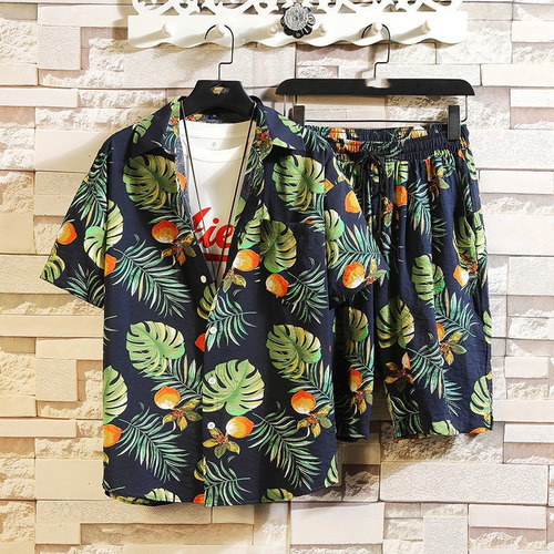 Conjunto De Camisa Y Shorts De Playa Hawaianos Para Hombre