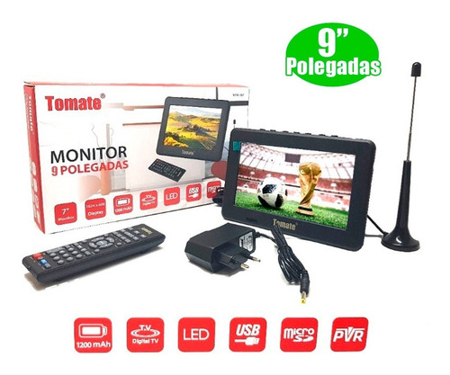 Tv Portátil Lcd 9 Polegadas Tela Monitor + Controle E Antena