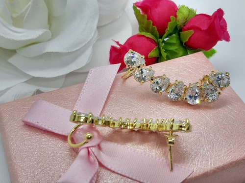 Brinco Ear Cuff Noiva Pedra Zirconia Dourado Festa Debutante