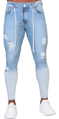 Calça Jeans Azul Clara Skinny Destroyed Com Cordão Masculina