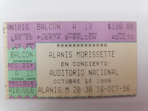 Alanis Morissette Boleto Concierto Mexico 16 Oct 1996 