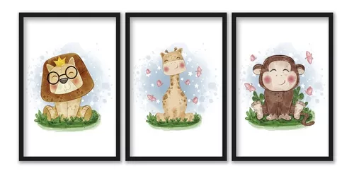 Kit 3 Quadros Decorativos Desenho Infantil Leão Girafa e Macaco -  Deliquadros