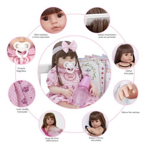 Boneca Reborn Silicone Bebê Realista Menina 13 Acessórios