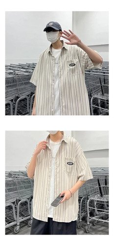 Camisa De Manga Corta A Rayas Para Hombre, Estilo Casual Hip