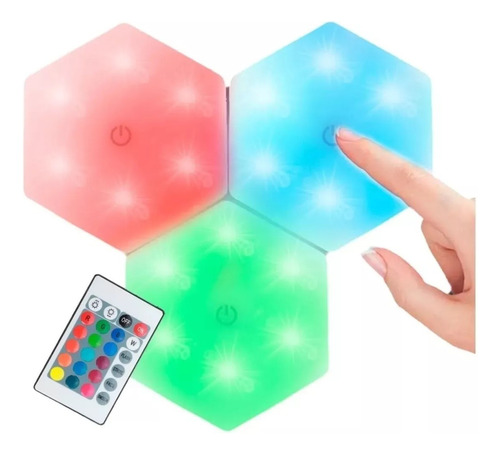 Lampara Luz Led Touch Hexagono Multicolor Control Remoto 3pz