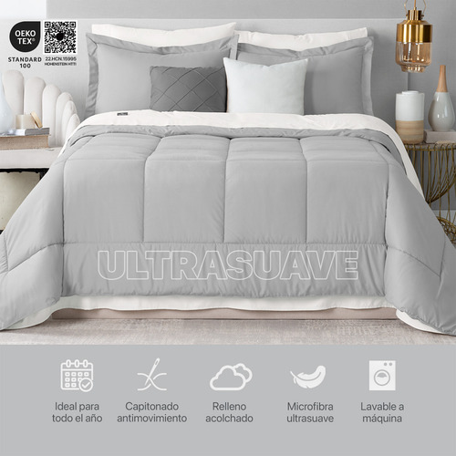 Set Edredón Individual + Fundas + Sábanas 5 Pzas Real Textil Gris-blanco