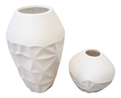 Conj. Decor 2 Vasos Decorativos Brancos Geométricos Luxo 
