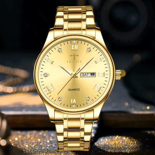 Reloj De Cuarzo Dorado Con Calendario Luminoso Caballero Dorado Dorado Dorado