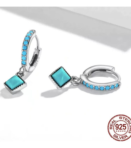 Finos Aretes Plata S925 Huggies Minimalista Piedra Turquesa