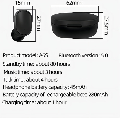 Fone De Ouvido Bluetooth Preto A6s Airdots