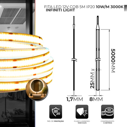 Fita Led Cob 10w/m 320 Leds/m 5m 8mm Alto Brilho Perfil Luz Branco-quente