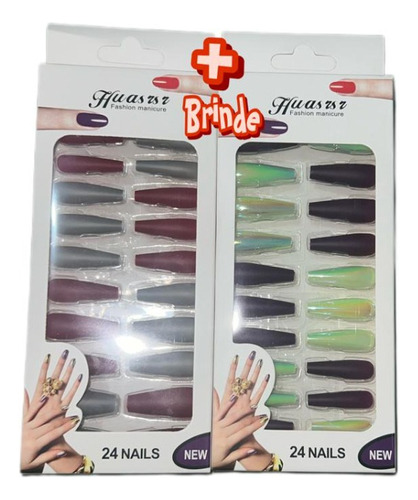 Unhas Postiças 48 Unidade Bailarina Autocolante Mais Brinde! Cor Vinho Com Cinza/roxo Escuro Com Verde