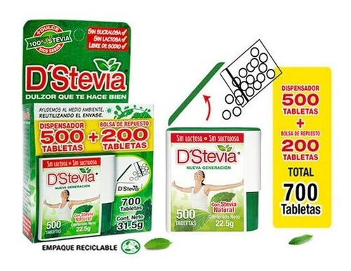 D'stevia - 700 Tabletas. Envase 500 + Repuesto 200